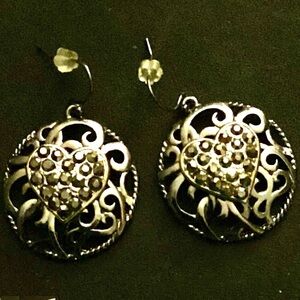 Vintage Look Marcasite Heart Disc Earrings Drop French Wire